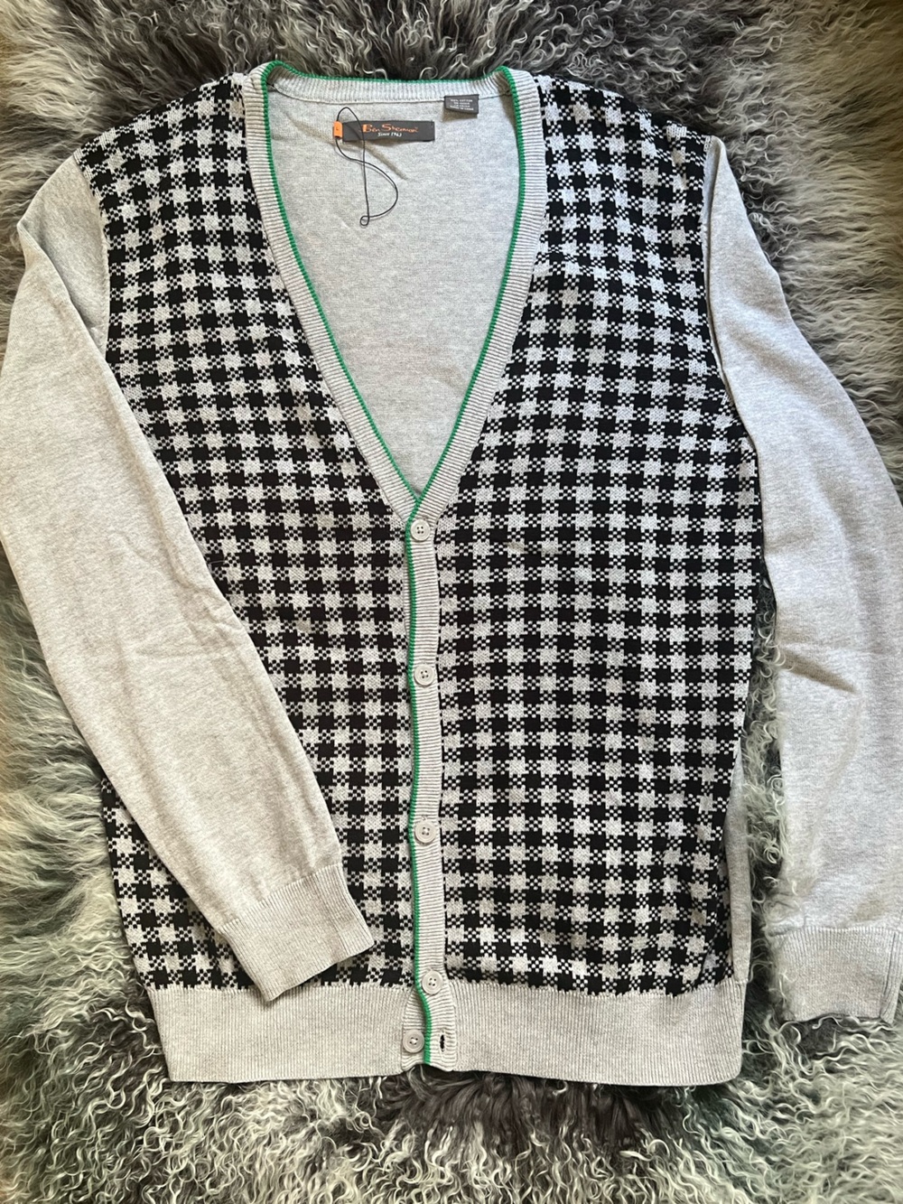 Ben Sherman Men’s Black & Gray Houndstooth Cardigan with Green Trim